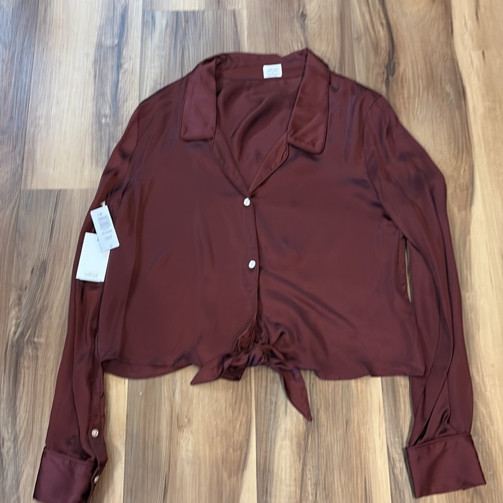 Aritzia Elegant NWT size small  truffle  tie front Satin Blouse - Picture 4 of 4